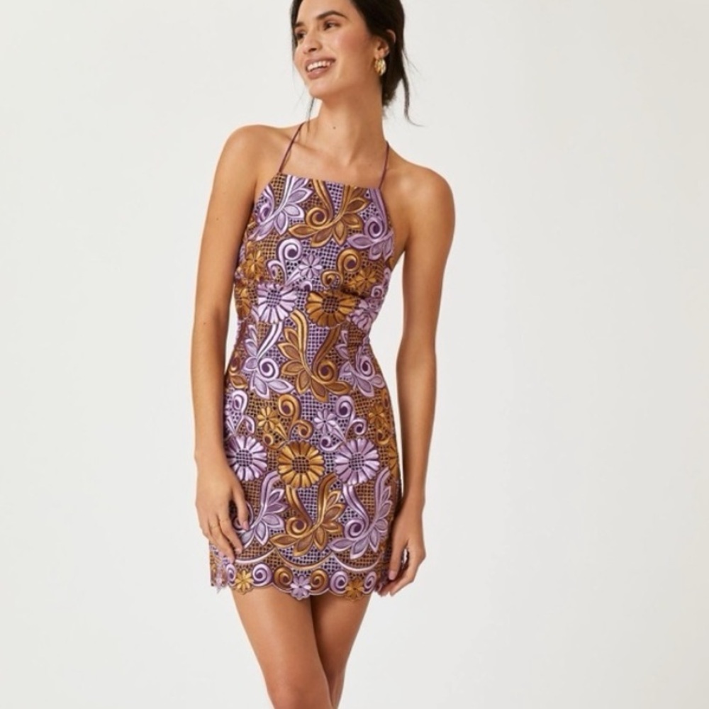 NWOT Anthropologie Embroidered Lace Halter Dress in Purple and Gold